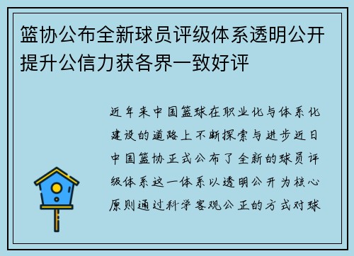 篮协公布全新球员评级体系透明公开提升公信力获各界一致好评